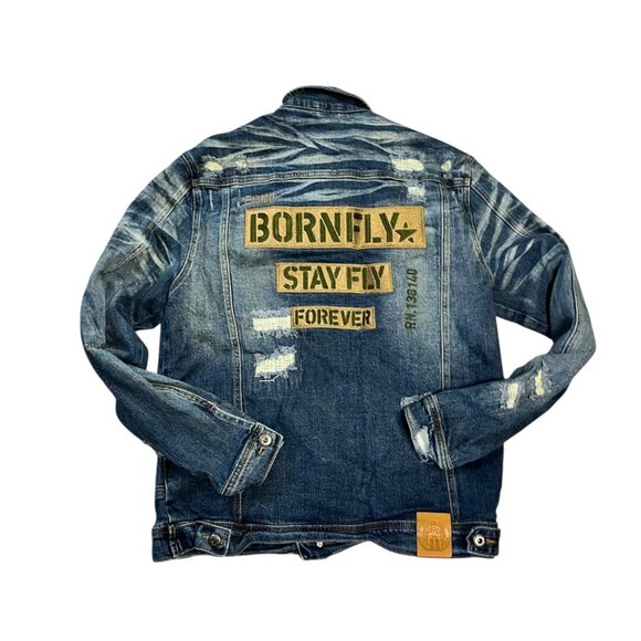 (25113) Born Fly Jean Jacket Men's Size Medium Patches Distressed Stay Fly - Picture 1 of 5